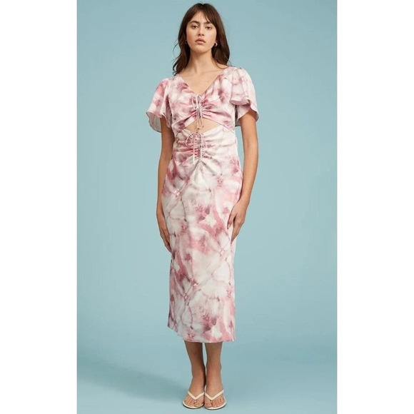 Lucy Paris Pink Tie Dye Drawstring Cutout Midi Dress‎ Smocked Women’s Size XS - Picture 1 of 10